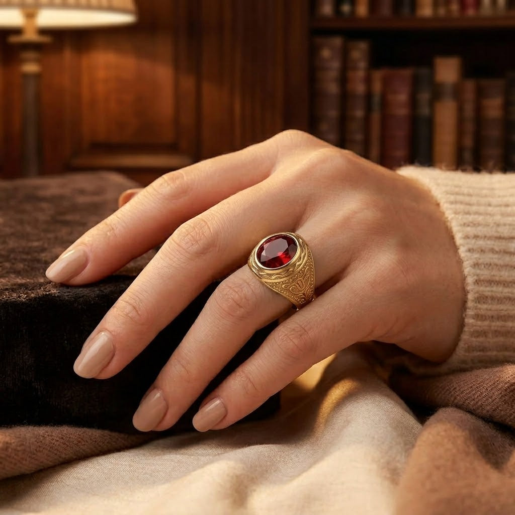 Gold Ruby Engraved Ring by Harrison & James - ring product image 2