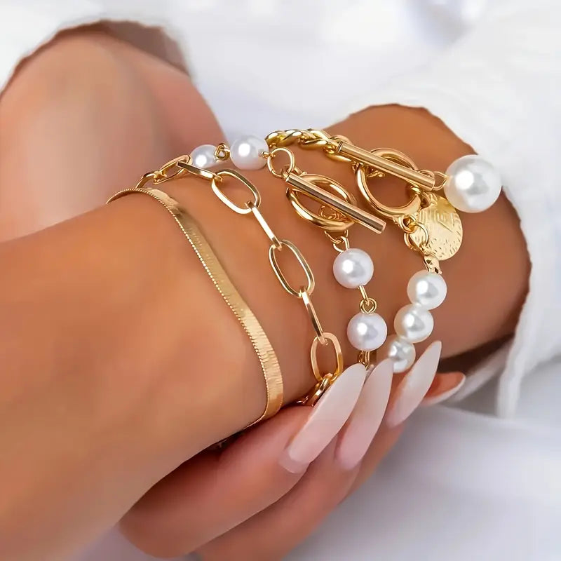 Chic Gold 4-Piece Bracelet Set – Snake, Pearls & Links | Gold by Harrison & James - bracelet product image 3
