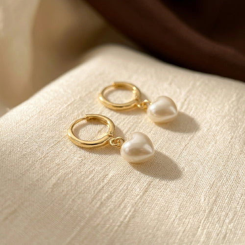 Gold Heart Pearl Drop Earrings by Harrison & James - earrings product image 1