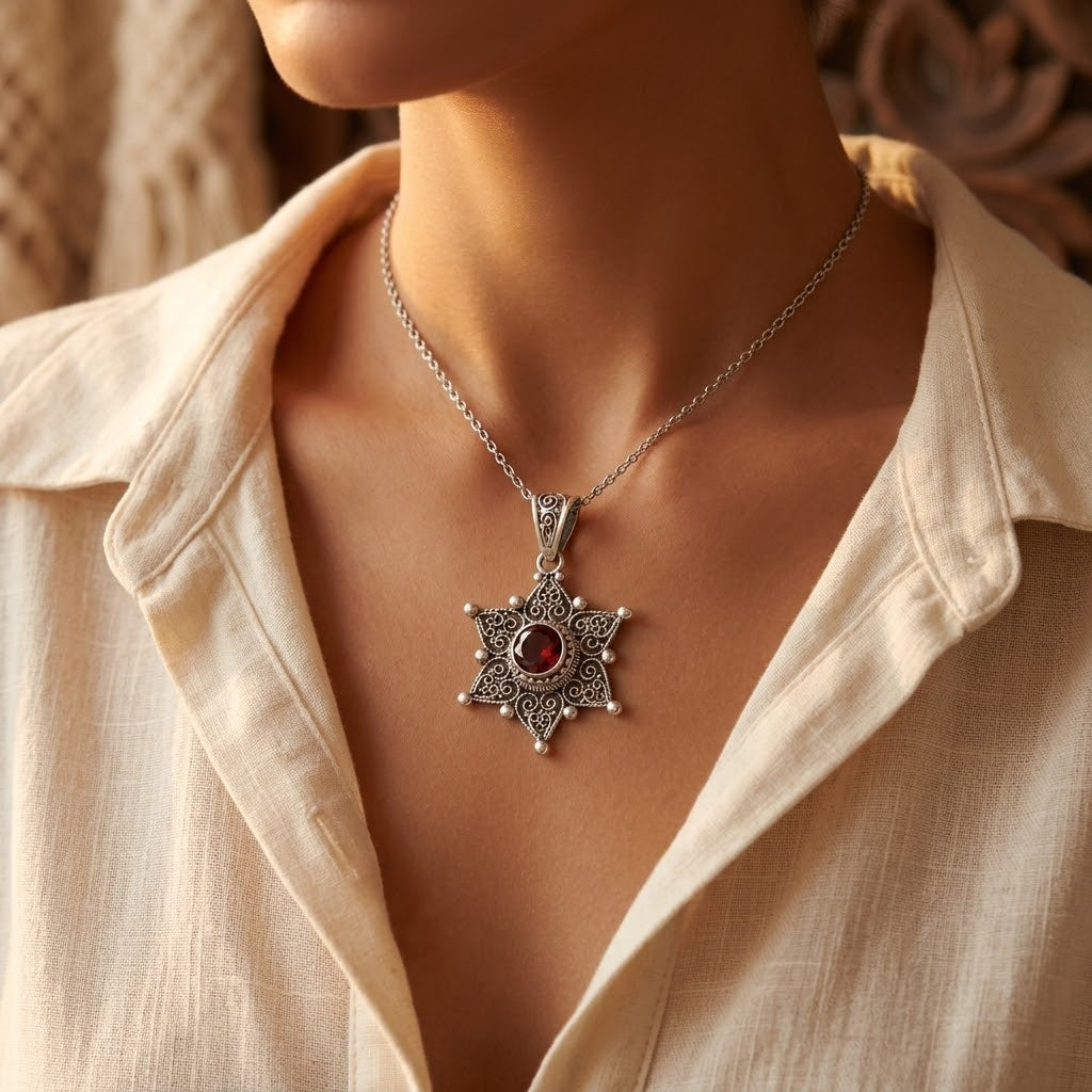 Silver Ruby Star Pendant Necklace by Harrison & James - necklace product image 2