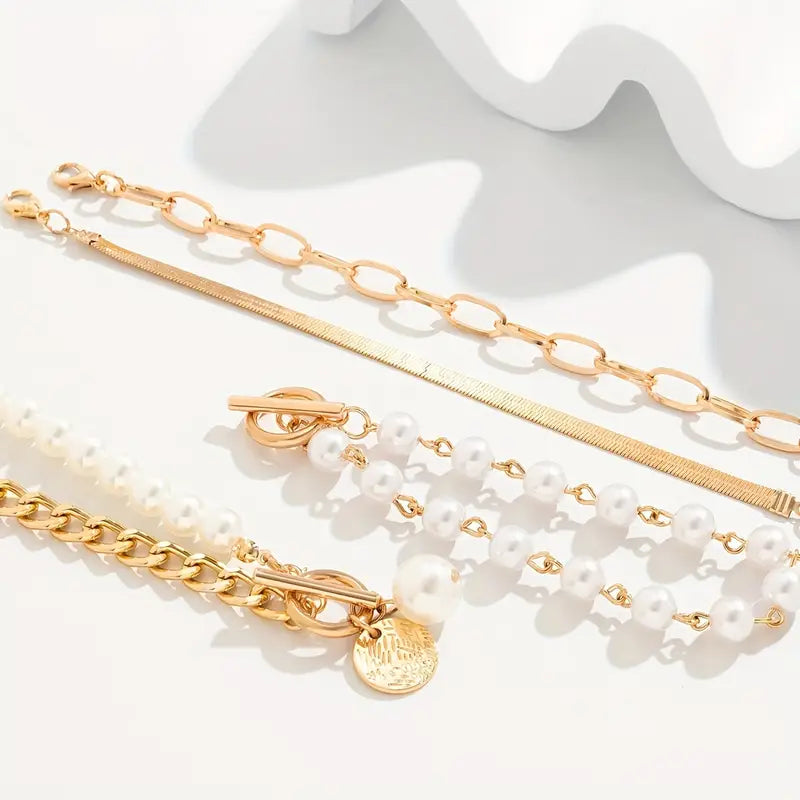 Chic Gold 4-Piece Bracelet Set – Snake, Pearls & Links | Gold by Harrison & James - bracelet product image 2