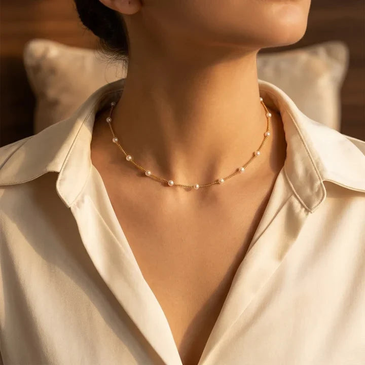 Gold Spaced Pearl Chain Necklace by Harrison & James - necklace product image 1