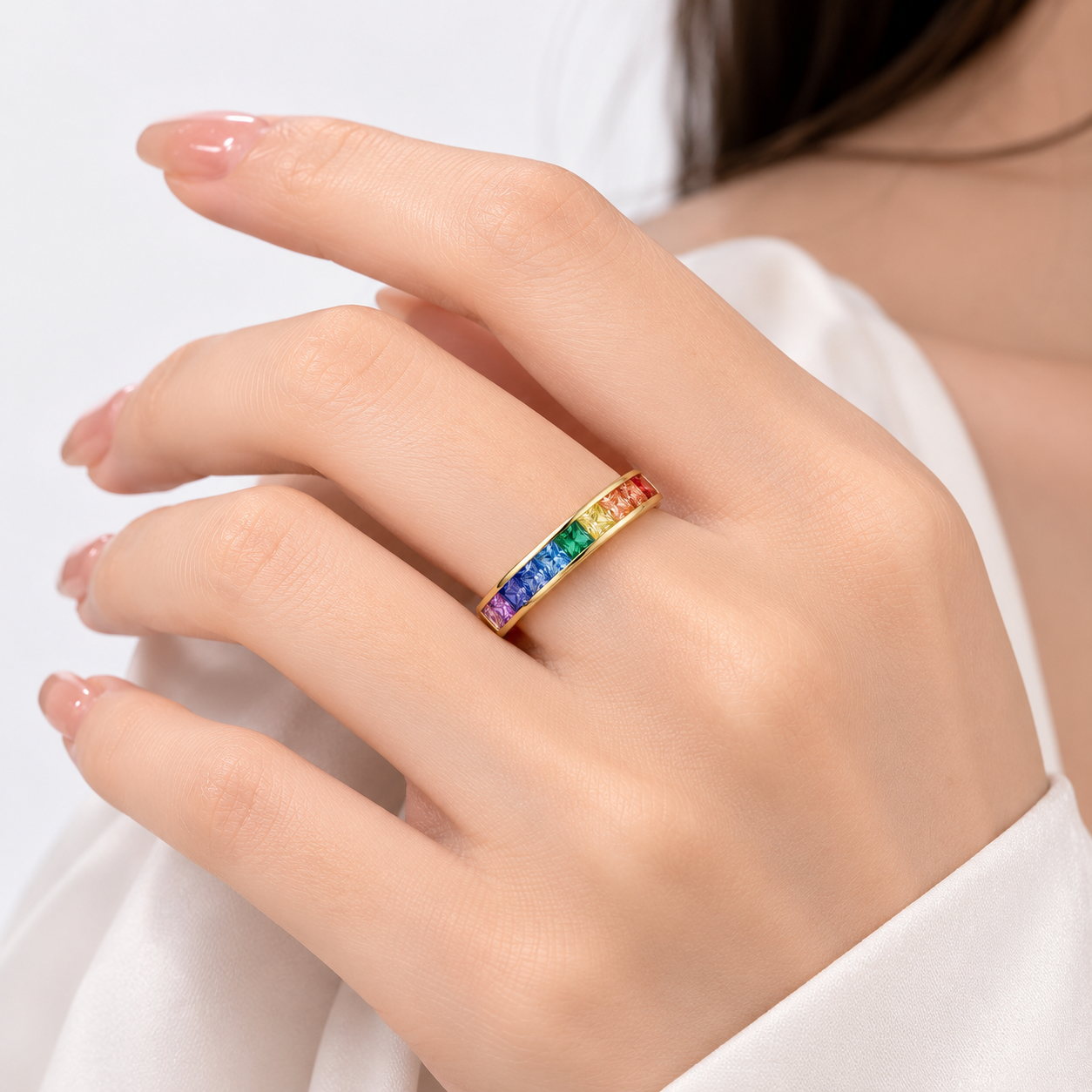 RAINBOW CRYSTAL ROSE GOLD BAND RING by Harrison & James - ring product image 2