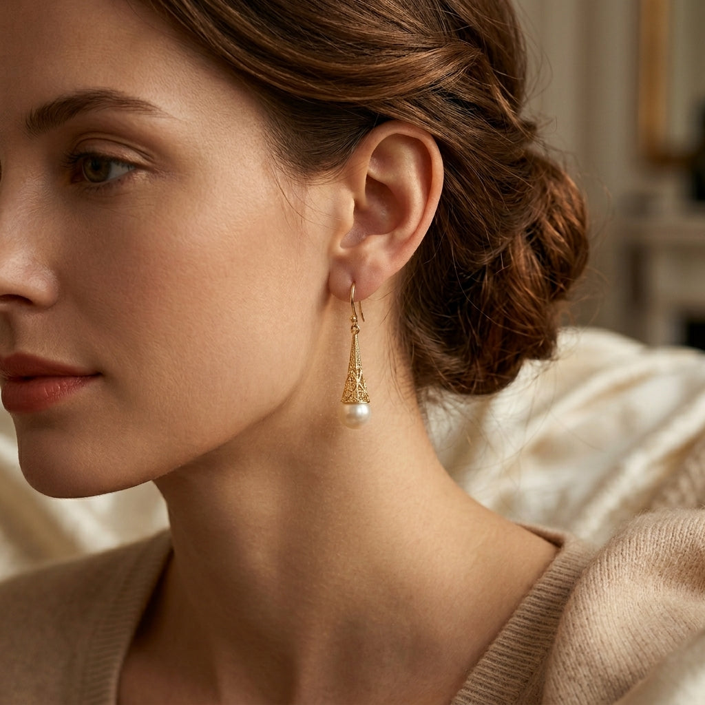 Gold Filigree Pearl Drop Earrings by Harrison & James - earrings product image 2