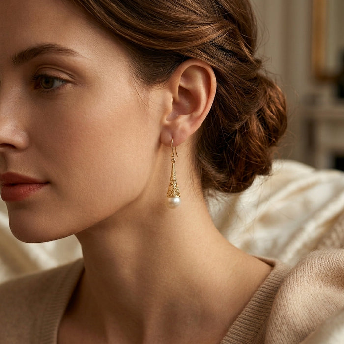 Gold Filigree Pearl Drop Earrings by Harrison & James - earrings product image 2