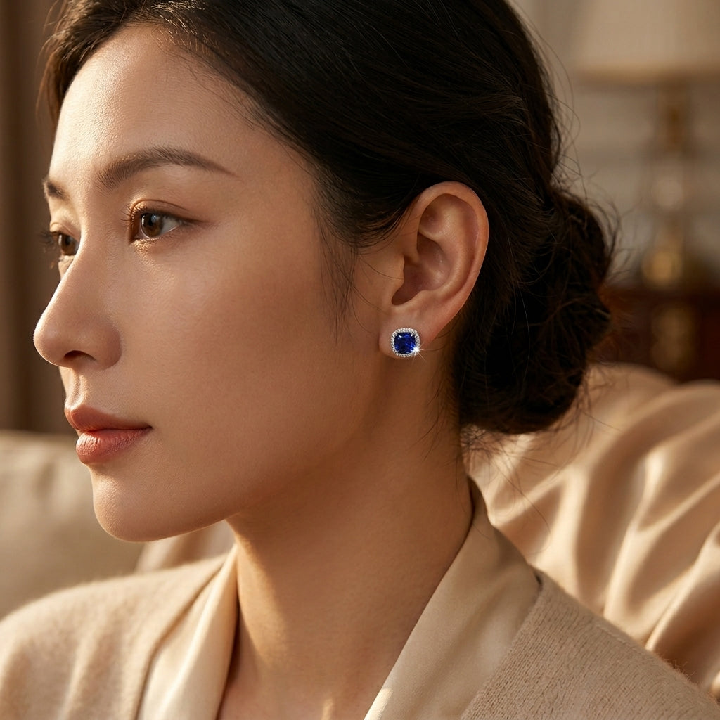 Silver Sapphire Halo Stud Earrings by Harrison & James - earrings product image 2