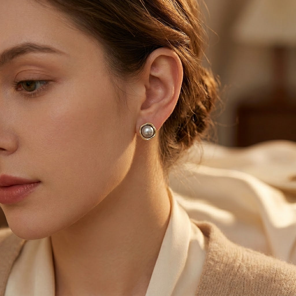 Gold Pearl Stud Earrings by Harrison & James - earrings product image 2