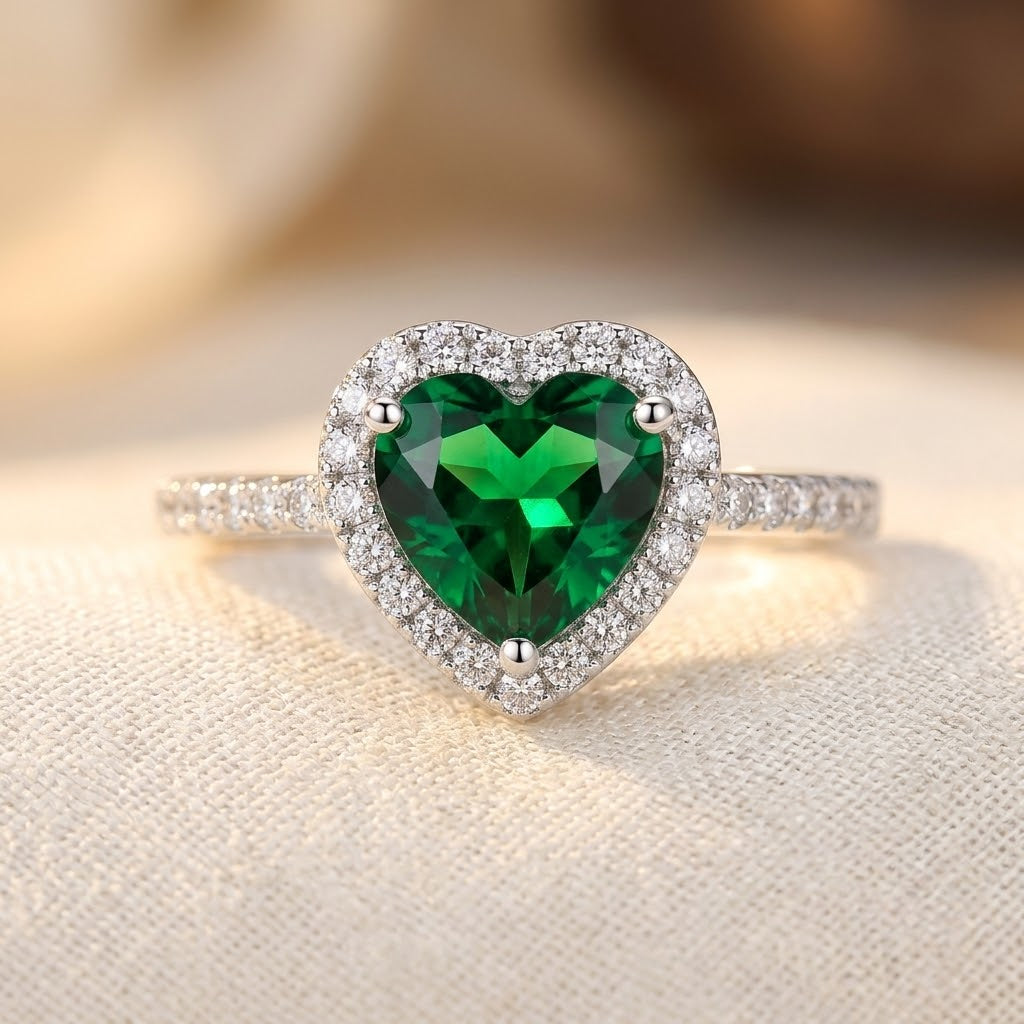 Silver Emerald Heart Halo Ring by Harrison & James - ring product image 1