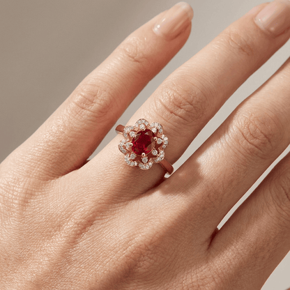 RED RUBY ROSE GOLD HALO RING by Harrison & James - ring product image 2