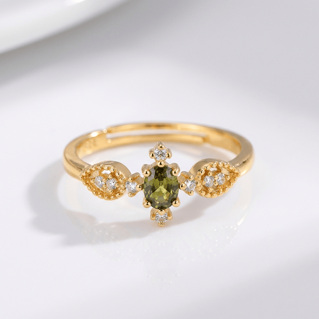 OLIVE GREEN CRYSTAL DAINTY GOLD RING - (ADJUSTABLE) by Harrison & James - ring product image 1