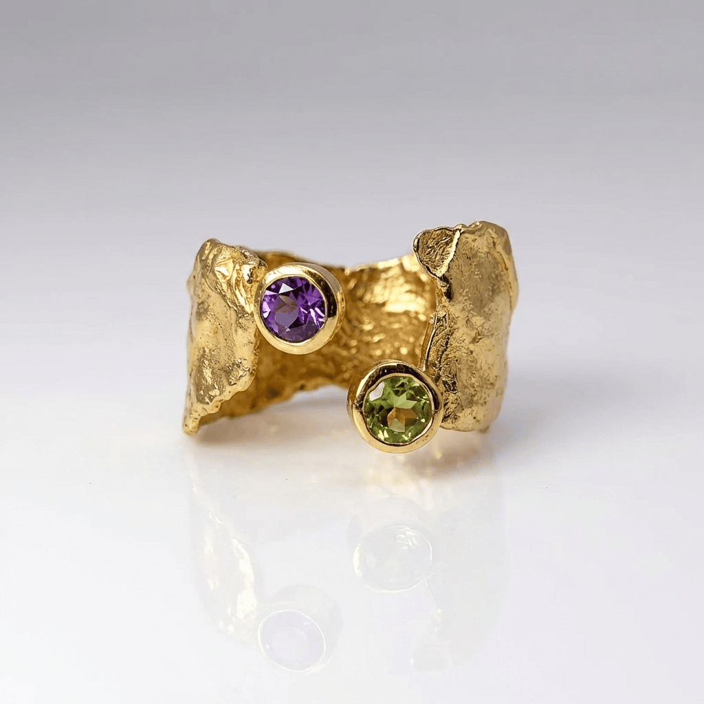 RUSTIC GOLD AMETHYST & PERIDOT RING - (ADJUSTABLE) by Harrison & James - ring product image 1