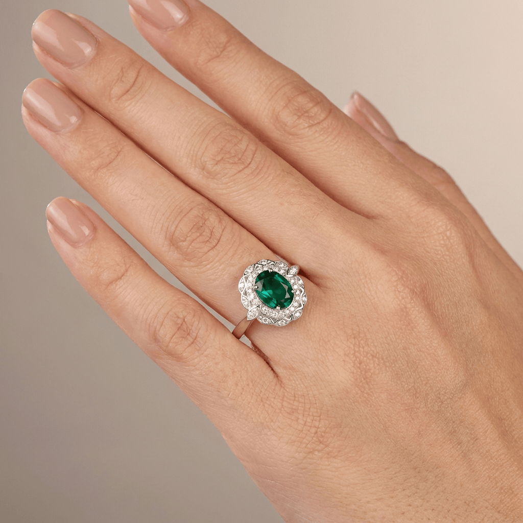 VINTAGE EMERALD SILVER FLORAL RING - (ADJUSTABLE) by Harrison & James - ring product image 2