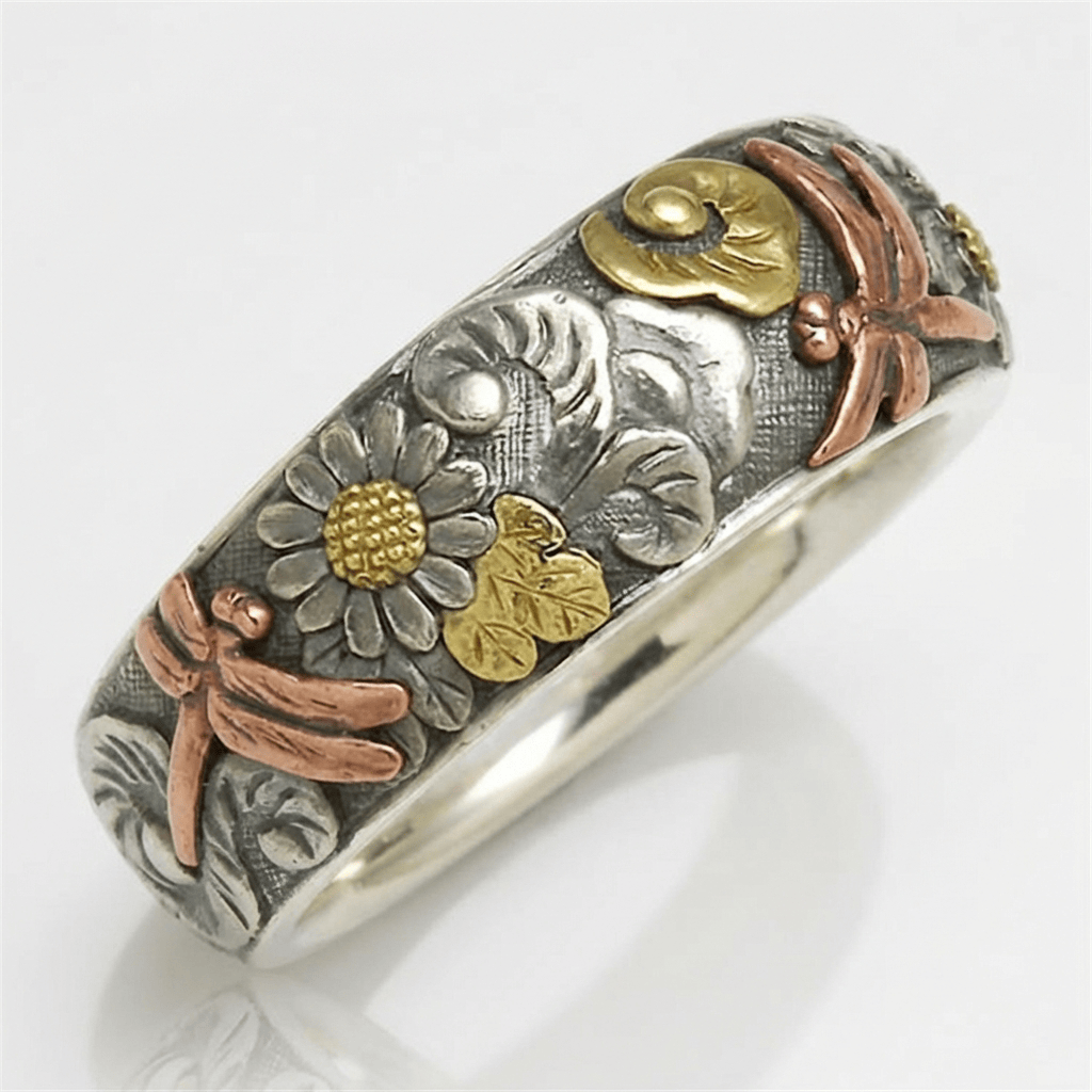 HANDMADE DRAGONFLY & SUNFLOWER VINTAGE SILVER RING by Harrison & James - ring product image 1