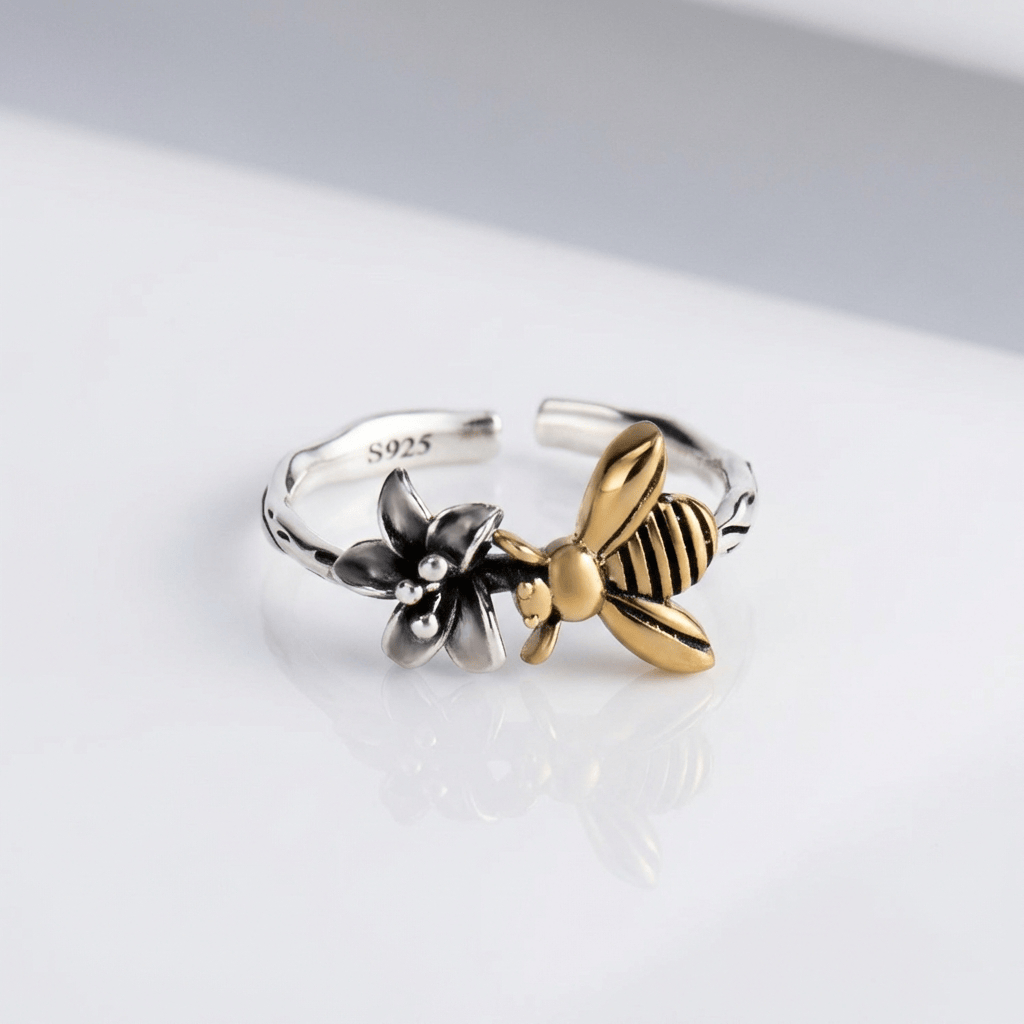 HONEY BEE & FLOWER SILVER RING - (ADJUSTABLE) by Harrison & James - ring product image 1