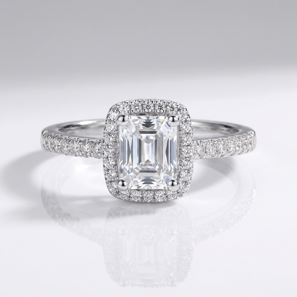 EMERALD CUT ZIRCONIA SILVER HALO RING by Harrison & James - ring product image 1
