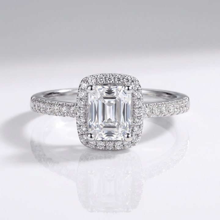 EMERALD CUT ZIRCONIA SILVER HALO RING by Harrison & James - ring product image 1