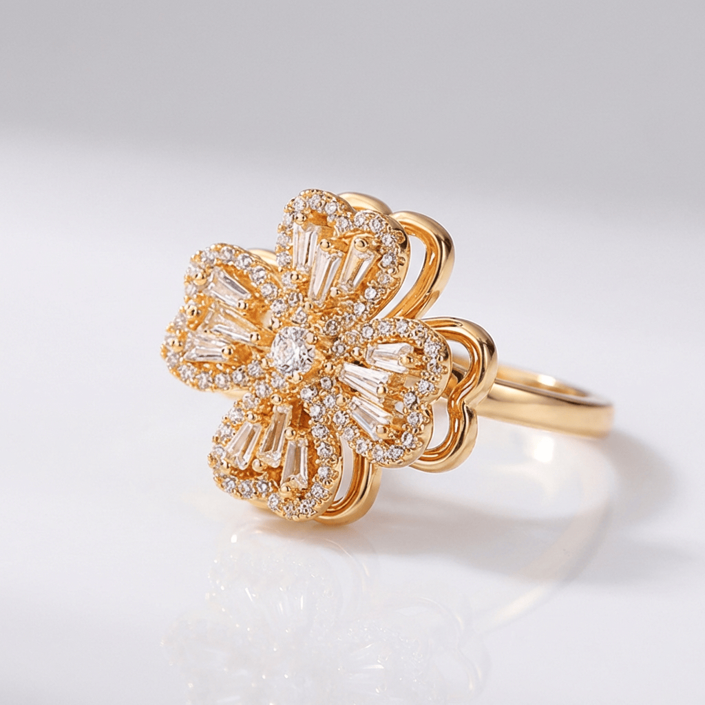 BAGUETTE ZIRCONIA ROTATING FLOWER RING - (ADJUSTABLE) by Harrison & James - ring product image 1
