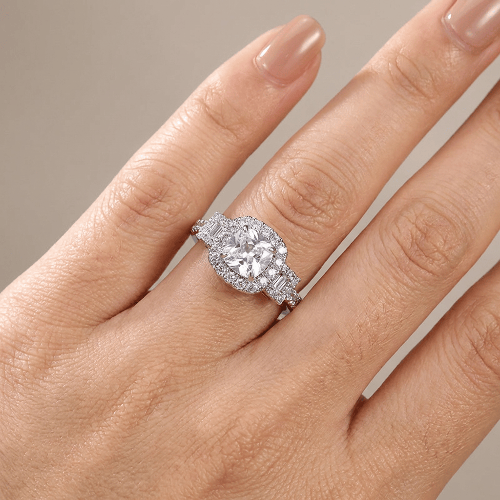 SILVER CUSHION DIAMOND HALO RING by Harrison & James - ring product image 2